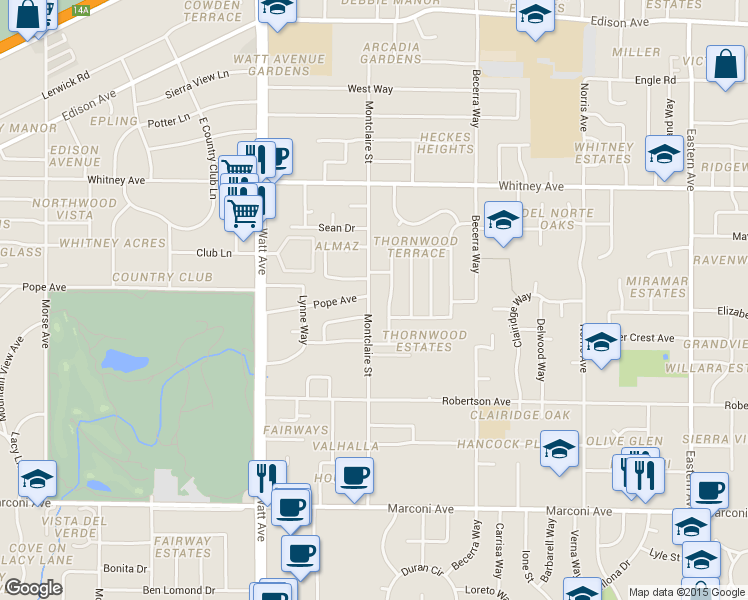 map of restaurants, bars, coffee shops, grocery stores, and more near 3641 Pope Avenue in Sacramento