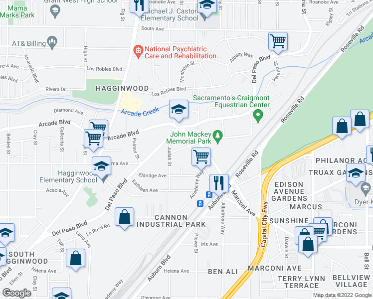 map of restaurants, bars, coffee shops, grocery stores, and more near 1726 Kenwood Street in Sacramento