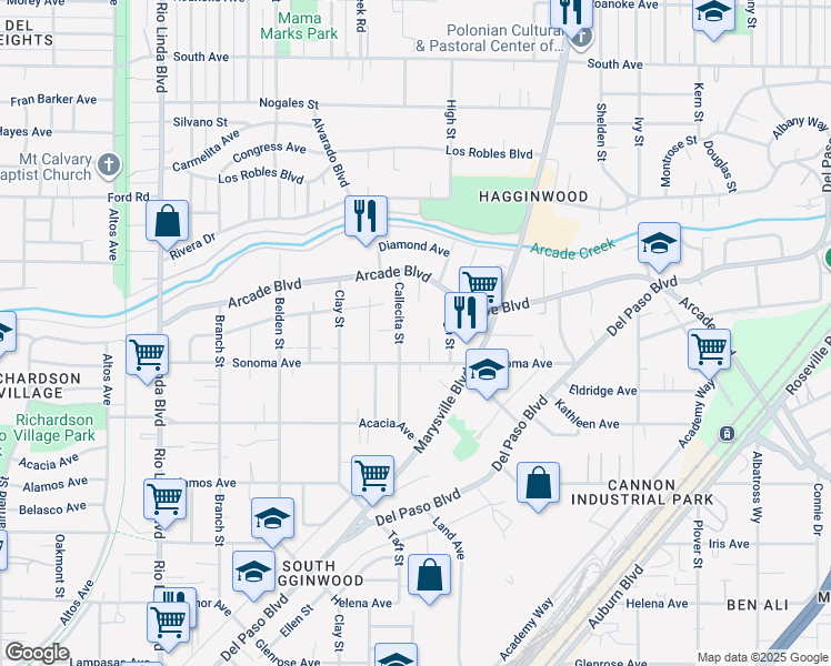 map of restaurants, bars, coffee shops, grocery stores, and more near 3128 Callecita Street in Sacramento