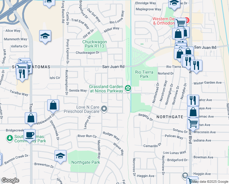 map of restaurants, bars, coffee shops, grocery stores, and more near 3116 Bridgeford Drive in Sacramento