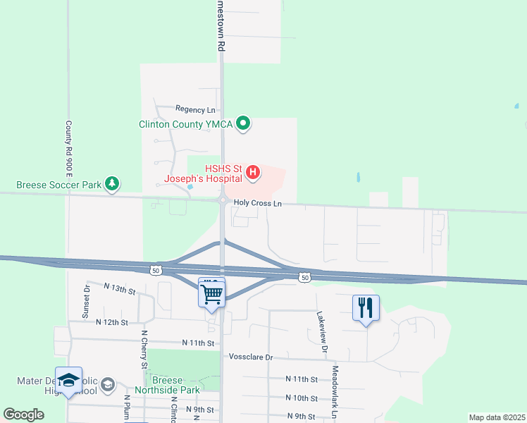 map of restaurants, bars, coffee shops, grocery stores, and more near 9614 County Road 1400 North in Breese