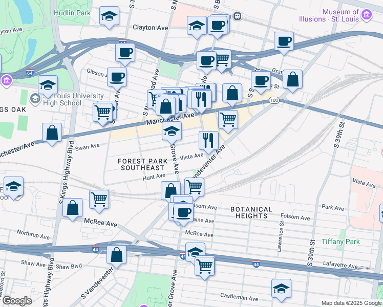 map of restaurants, bars, coffee shops, grocery stores, and more near 4237 Vista Avenue in St. Louis