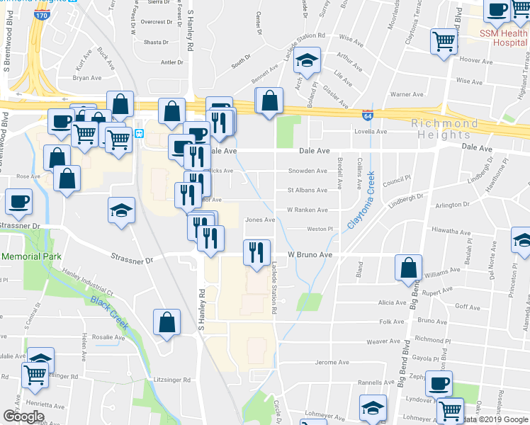 map of restaurants, bars, coffee shops, grocery stores, and more near 1501 Laclede Station Road in Richmond Heights