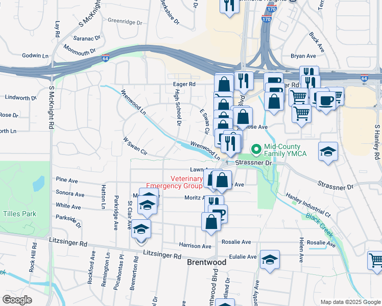 map of restaurants, bars, coffee shops, grocery stores, and more near 8985 South Swan Circle in Brentwood