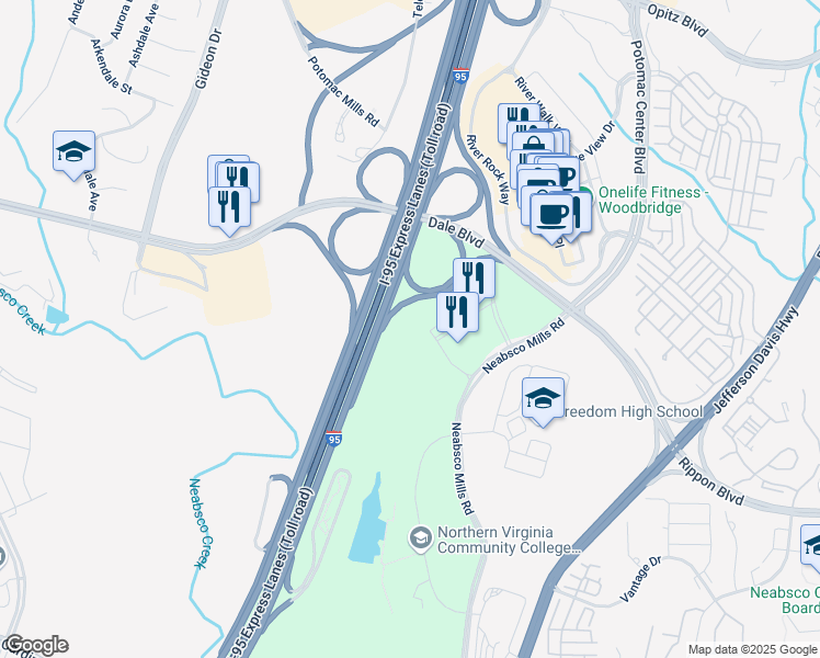 map of restaurants, bars, coffee shops, grocery stores, and more near 2650 Neabsco Common Place in Woodbridge