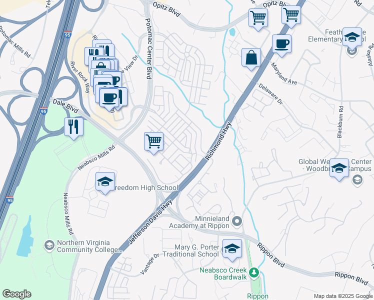 map of restaurants, bars, coffee shops, grocery stores, and more near 2210 Merseyside Drive in Woodbridge