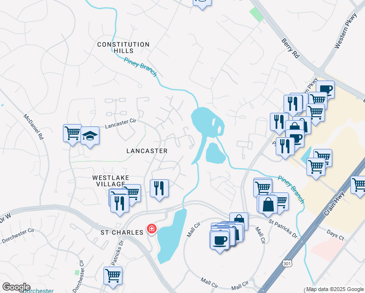 map of restaurants, bars, coffee shops, grocery stores, and more near 4223 Drake Court in Waldorf