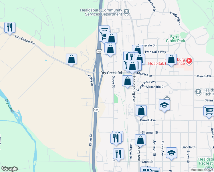 map of restaurants, bars, coffee shops, grocery stores, and more near 1229 Grove Street in Healdsburg