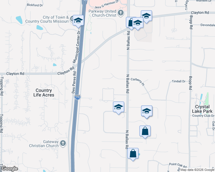 map of restaurants, bars, coffee shops, grocery stores, and more near 115 Ballas Court in St. Louis
