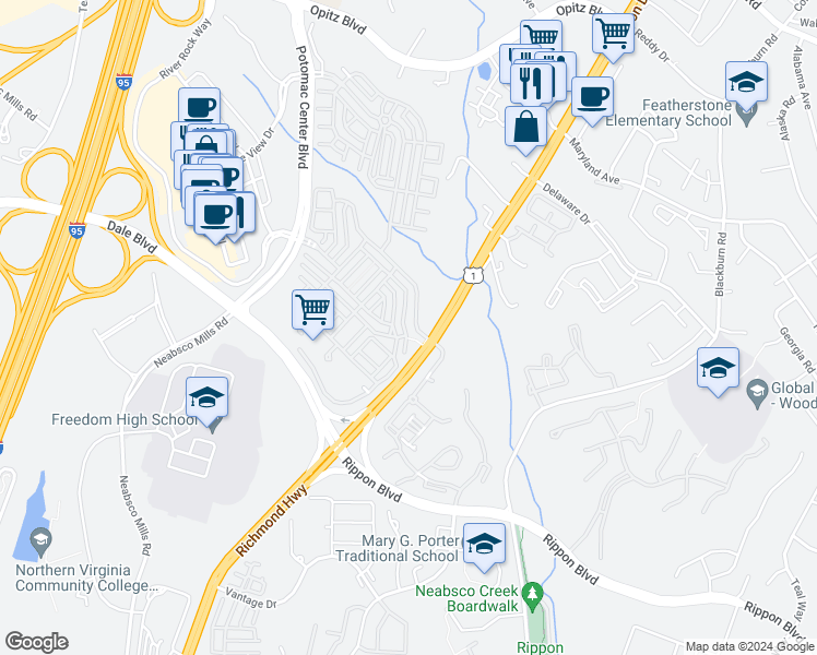 map of restaurants, bars, coffee shops, grocery stores, and more near 2175 Potomac Club Parkway in Woodbridge