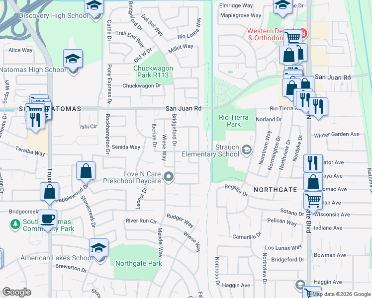 map of restaurants, bars, coffee shops, grocery stores, and more near 3116 Bridgeford Drive in Sacramento
