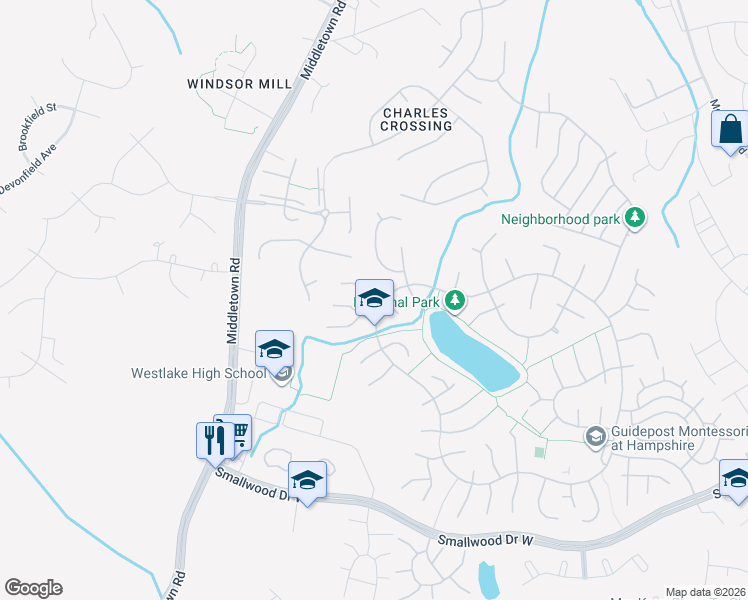 map of restaurants, bars, coffee shops, grocery stores, and more near 6104 Gray Wolf Court in Waldorf
