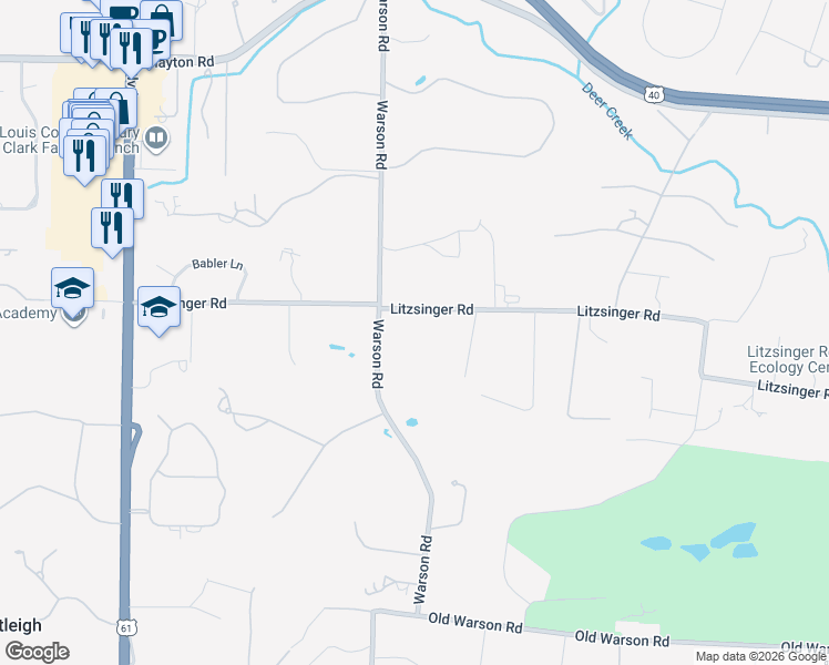 map of restaurants, bars, coffee shops, grocery stores, and more near 9948 Litzsinger Road in St. Louis