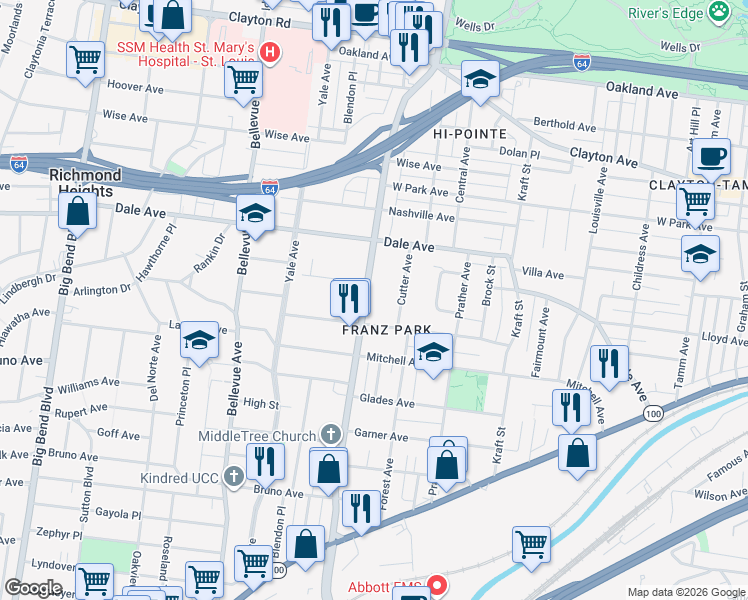 map of restaurants, bars, coffee shops, grocery stores, and more near 1507 McCausland Avenue in St. Louis