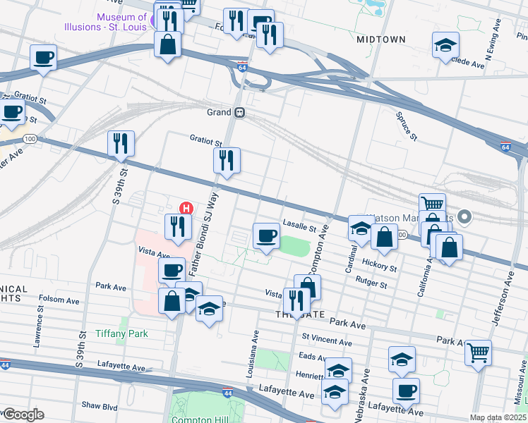 map of restaurants, bars, coffee shops, grocery stores, and more near 3421 Lasalle Street in St. Louis