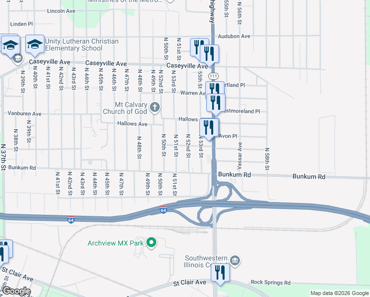 map of restaurants, bars, coffee shops, grocery stores, and more near 1246 North 51st Street in East St. Louis