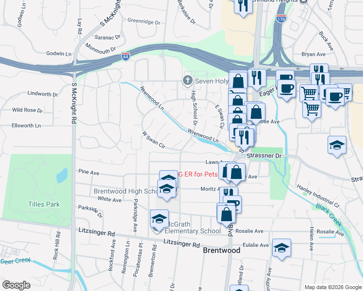 map of restaurants, bars, coffee shops, grocery stores, and more near 1761 High School Drive in St. Louis