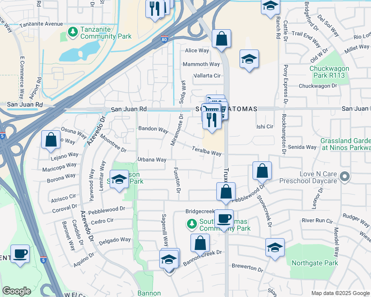map of restaurants, bars, coffee shops, grocery stores, and more near 1 Walbrook Court in Sacramento