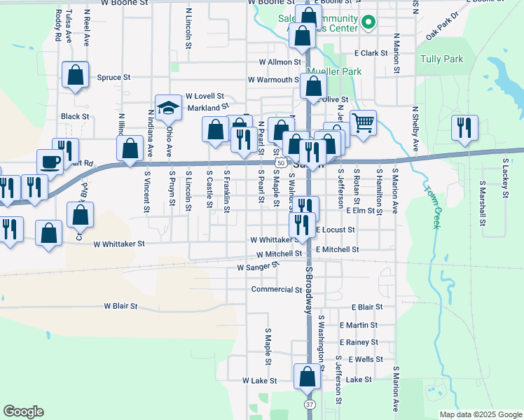 map of restaurants, bars, coffee shops, grocery stores, and more near 398 South Pearl Street in Salem