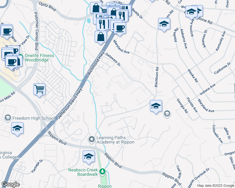 map of restaurants, bars, coffee shops, grocery stores, and more near 1986 Winslow Court in Woodbridge