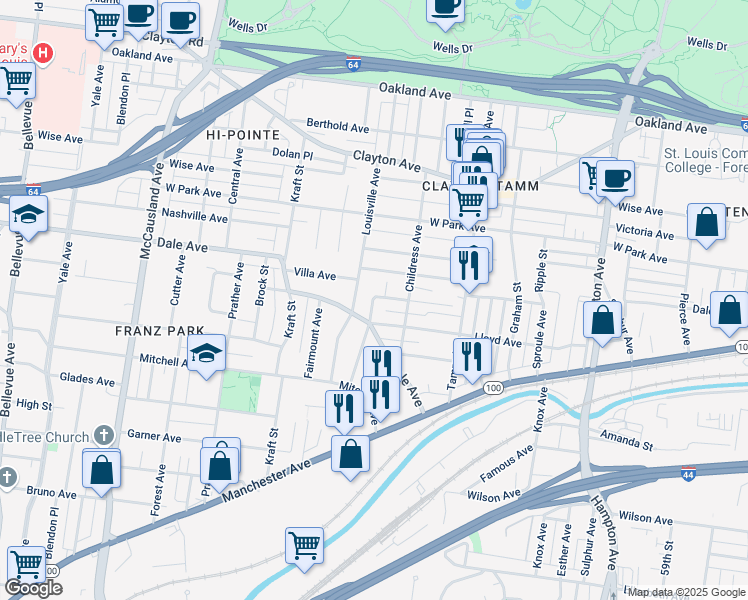 map of restaurants, bars, coffee shops, grocery stores, and more near 1400 Sanford Avenue in St. Louis