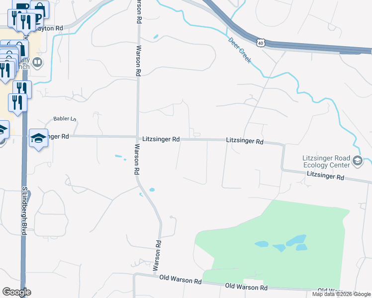 map of restaurants, bars, coffee shops, grocery stores, and more near 9930 Litzsinger Rd in St Louis