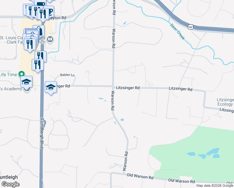 map of restaurants, bars, coffee shops, grocery stores, and more near 9998 Litzsinger Road in St. Louis