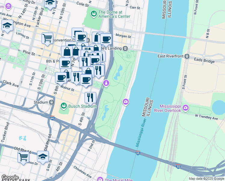map of restaurants, bars, coffee shops, grocery stores, and more near 20 North 4th Street in St. Louis