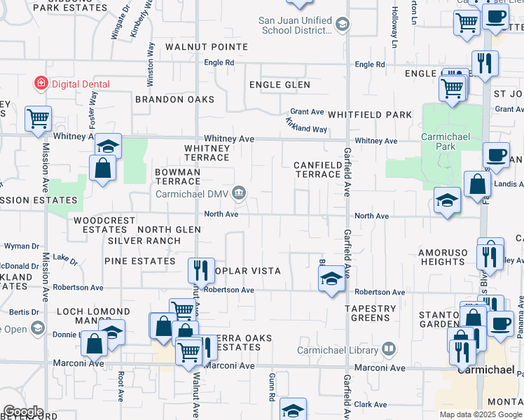 map of restaurants, bars, coffee shops, grocery stores, and more near 3307 Fogle Court in Carmichael