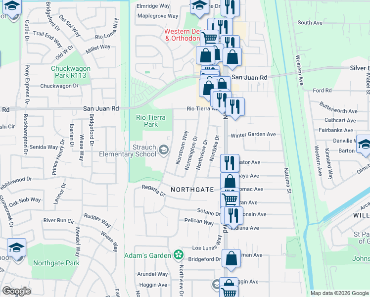 map of restaurants, bars, coffee shops, grocery stores, and more near 3200 Norstrom Way in Sacramento