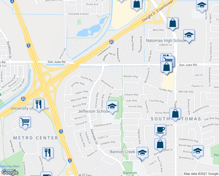 map of restaurants, bars, coffee shops, grocery stores, and more near 2030 Moontree Drive in Sacramento