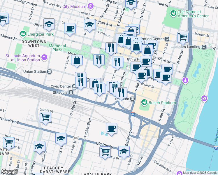 map of restaurants, bars, coffee shops, grocery stores, and more near 183 South 11th Street in St. Louis