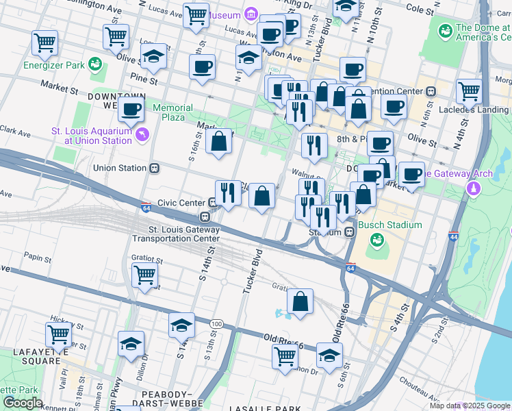 map of restaurants, bars, coffee shops, grocery stores, and more near 1222 Spruce Street in St. Louis