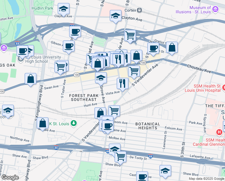 map of restaurants, bars, coffee shops, grocery stores, and more near 4237 Vista Avenue in St. Louis
