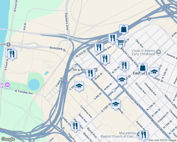 map of restaurants, bars, coffee shops, grocery stores, and more near 5 Riverpark Drive in East St. Louis