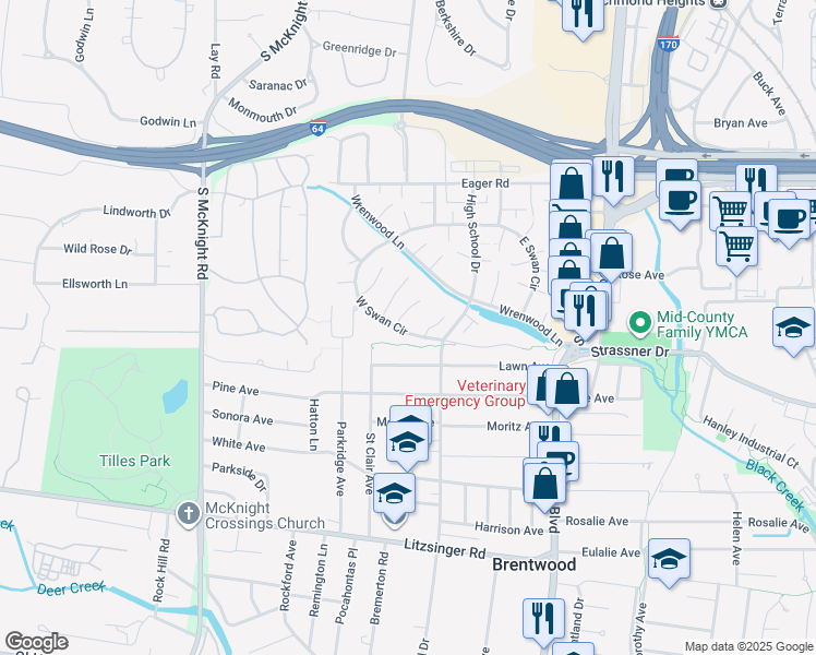 map of restaurants, bars, coffee shops, grocery stores, and more near 9027 West Swan Circle in Brentwood