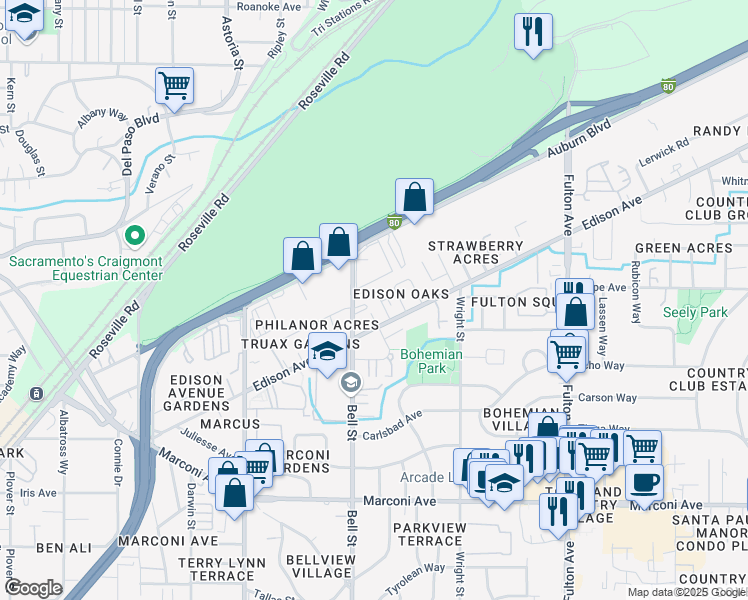 map of restaurants, bars, coffee shops, grocery stores, and more near 3221 Fairview Court in Sacramento