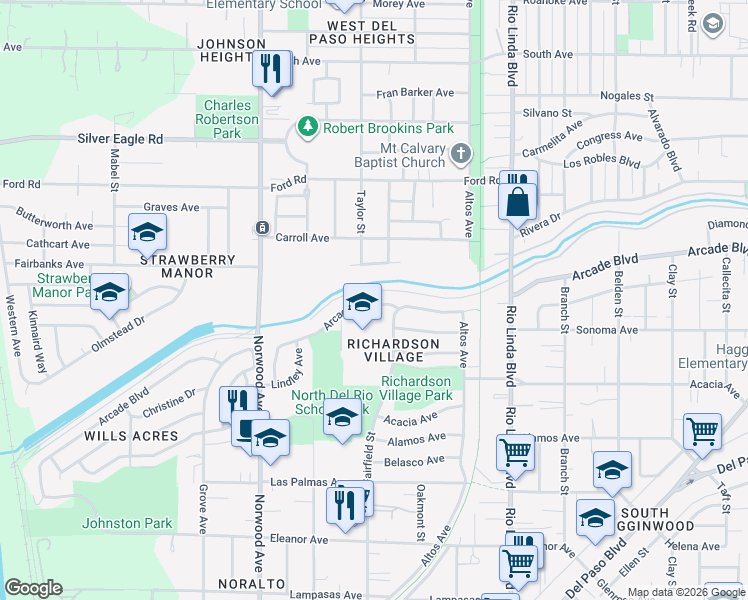 map of restaurants, bars, coffee shops, grocery stores, and more near 575 Arcade Boulevard in Sacramento