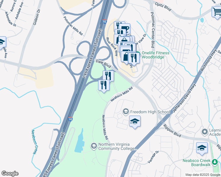 map of restaurants, bars, coffee shops, grocery stores, and more near 2521 Neabsco Common Place in Woodbridge