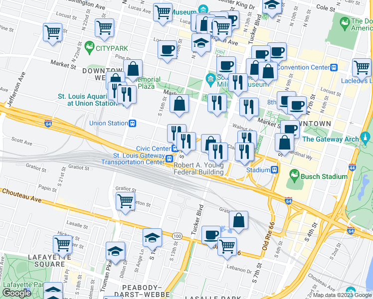 map of restaurants, bars, coffee shops, grocery stores, and more near in St. Louis