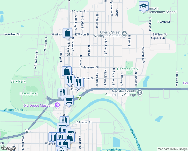 map of restaurants, bars, coffee shops, grocery stores, and more near 606 North Poplar Street in Ottawa