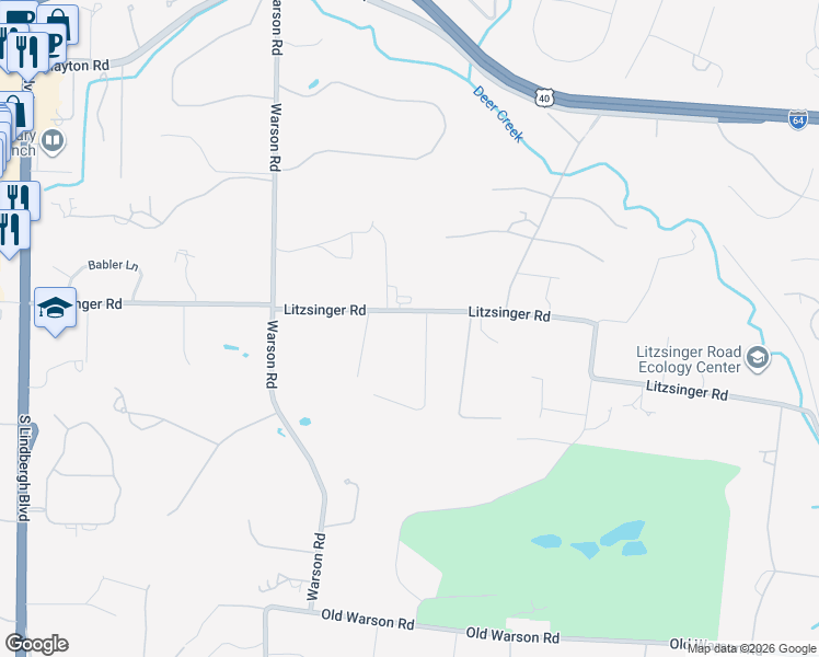 map of restaurants, bars, coffee shops, grocery stores, and more near 9930 Litzsinger Road in St. Louis