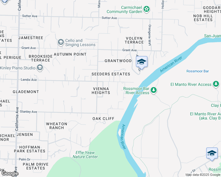 map of restaurants, bars, coffee shops, grocery stores, and more near 6740 Landis Avenue in Carmichael