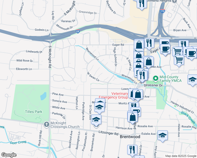 map of restaurants, bars, coffee shops, grocery stores, and more near 9027 West Swan Circle in Brentwood