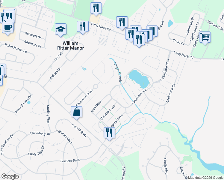 map of restaurants, bars, coffee shops, grocery stores, and more near 33425 Lakeshore Circle in Millsboro