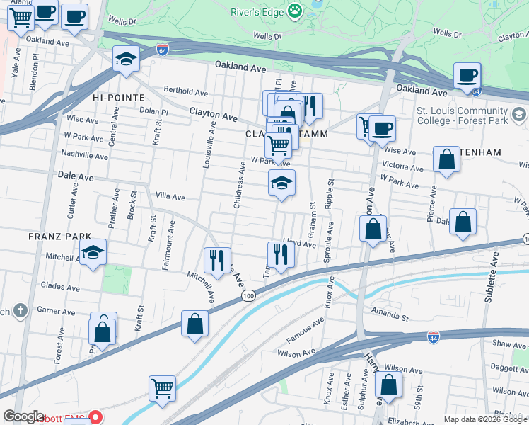 map of restaurants, bars, coffee shops, grocery stores, and more near 6415 Villa Avenue in St. Louis