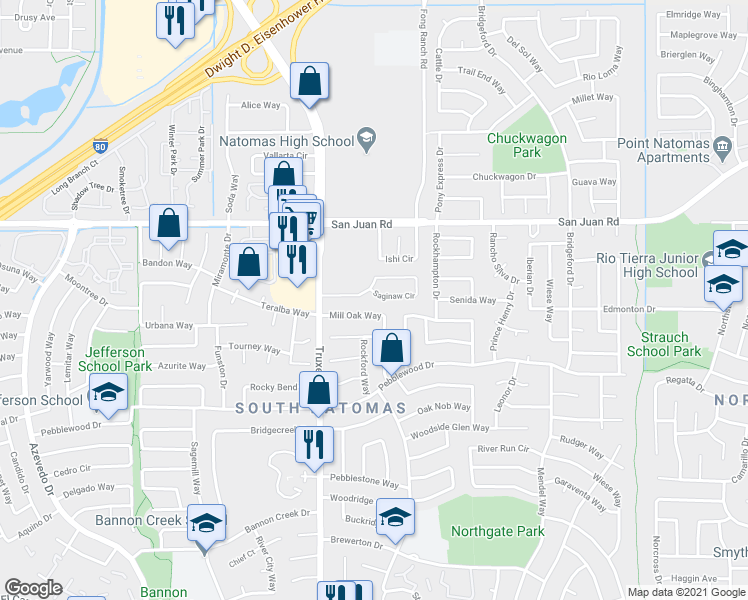 map of restaurants, bars, coffee shops, grocery stores, and more near 64 Saginaw Circle in Sacramento