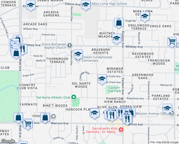 map of restaurants, bars, coffee shops, grocery stores, and more near 3227-3237 Clairidge Way in Sacramento