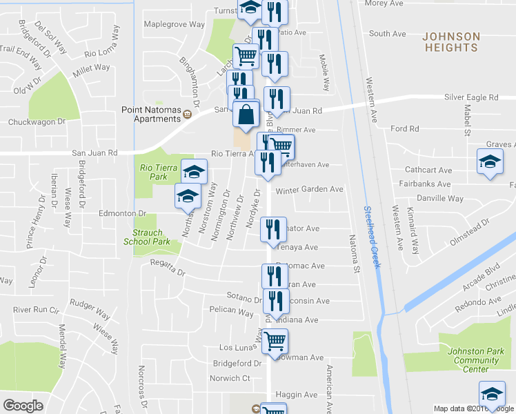 map of restaurants, bars, coffee shops, grocery stores, and more near 608 Nora Court in Sacramento