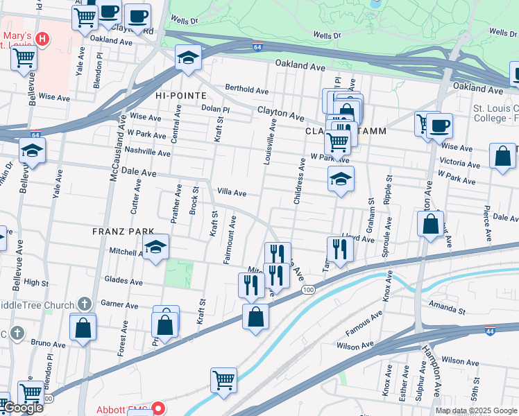 map of restaurants, bars, coffee shops, grocery stores, and more near in St. Louis
